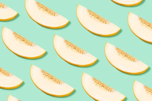 Many Fresh Slices Melon Turquoise Background Flat Lay Pattern Design — Stockfoto