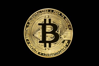 Bitcoin Kripto Birimi siyah, altın madeni para, madencilik, gelecekteki para izole
