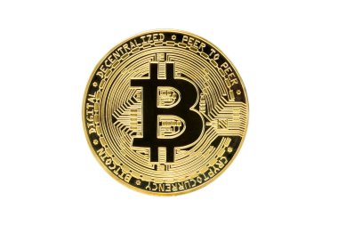 Bitcoin Kripto Birimi beyaz, altın madeni para, madencilik, gelecek para izole