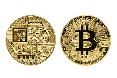 Bitcoin Kripto Birimi beyaz, altın madeni para, madencilik, gelecek para izole