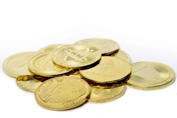 Gouden Munten Bitcoin Cryptogeld Geïsoleerd Mijnbouw Toekomstig Geld — Stockfoto