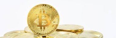 Baner Bitcoin Kripto Birimi beyazları izole etti, altın madeni para, madencilik, gelecekteki para panoraması