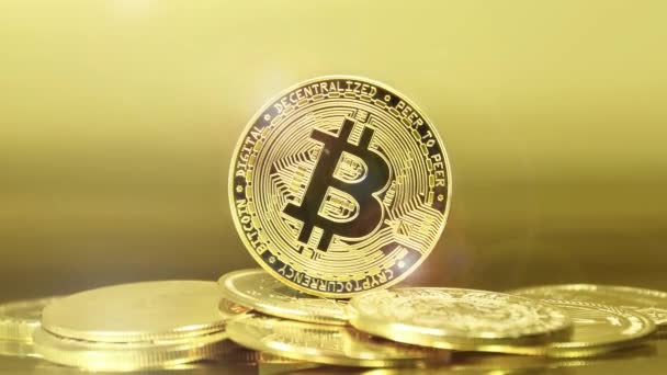 Χρυσά Νομίσματα Bitcoin Cryptocurrency Εξόρυξη Μελλοντικά Χρήματα — Αρχείο Βίντεο