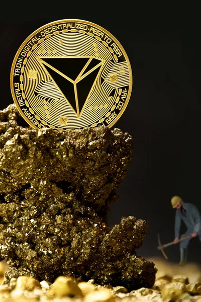 Tron Cryptocurrency Ore Mining Golden Coin Stone Ore Mine Future — Stock Photo, Image