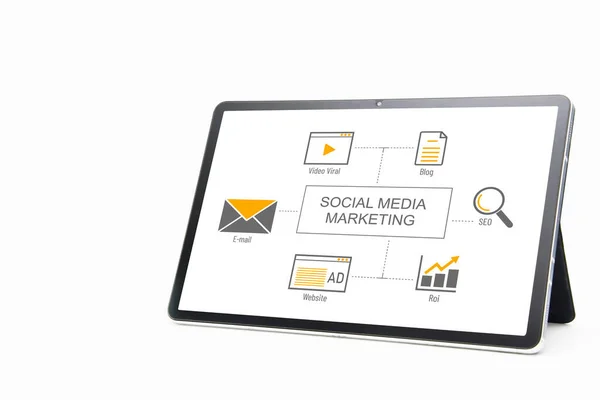 Social Media Marketing Social Media Advertisement Connection Concept Tablet — Foto de Stock