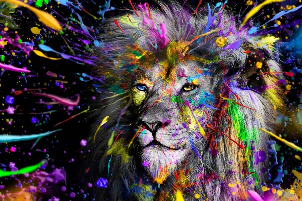 Full Colors Lion Wildlife Animal Ink Modern Abstract Art — Stock Photo, Image