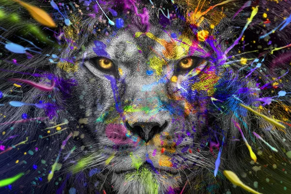 Full Colors Lion Wildlife Animal Ink Modern Abstract Art — Zdjęcie stockowe