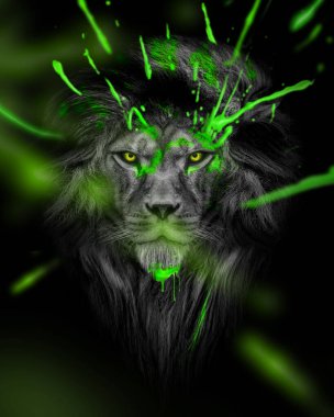 Green ink color Lion , wildlife animal , modern abstract art