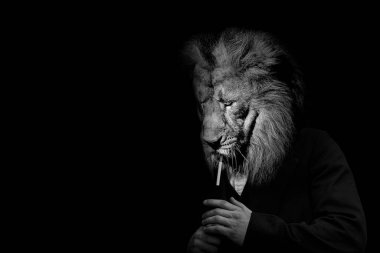 Aslan görünümlü insan, aslan insan, hayvan yüzlü, izole edilmiş siyah beyaz.