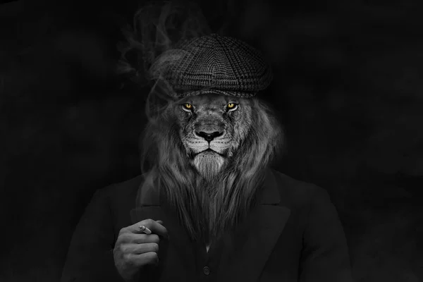 Man Form Ett Lejon Lejonet Person Djur Ansikte Isolerad Svart — Stockfoto
