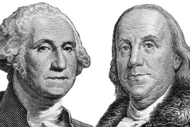 ABD başkanları George Washington ve Benjamin Franklin, ABD dolarlarının portreleri izole edilmiş, ABD parası yakın plan
