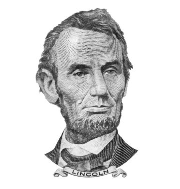 Eski ABD Başkanı Abraham Lincoln 'ün portresi. Beş dolarlık banknotun aksi ve izole edilmiş hali.