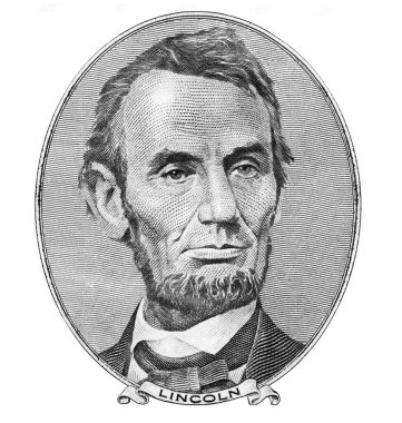 Eski ABD Başkanı Abraham Lincoln 'ün portresi. Beş dolarlık banknotun aksi ve izole edilmiş hali.