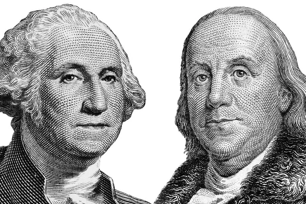 Presidentes Estadounidenses George Washington Benjamin Franklin Retratos Billetes Dólar Aislados —  Fotos de Stock