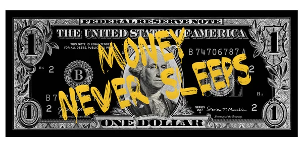 Money Never Sleeps Text Golden Dollár Bankjegy George Washington Részletes — Stock Fotó