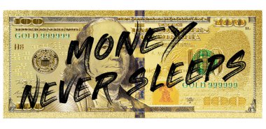 Para asla uyumaz 100 dolarlık banknota altın, renkler ve altın dokular, Amerikan pazarındaki yatırım konsepti, yüksek dolardan dolayı kâr, Benjamin Franklin