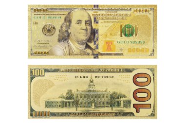 100 dolarlık altın banknot, renkler ve altın dokular, Amerikan pazarındaki yatırım konsepti, yüksek dolardan dolayı kar, Benjamin Franklin