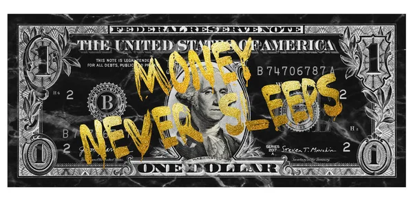 Money Never Sleeps Text Golden Dolláros Bankjegy George Washington Rendkívül — Stock Fotó