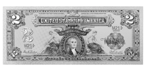 Kétdolláros Bankjegy Ezüst Pénz Textúra Koncepció Befektetés Amerikai Piacon Nyereség — Stock Fotó