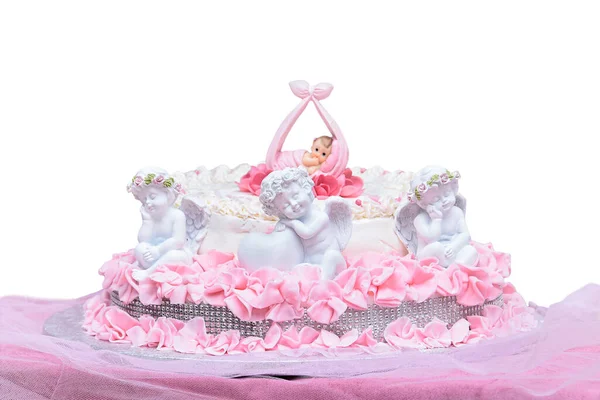 Концепция Новорожденного Подарка Торт Розовый Десерт Ангелами — стоковое фото