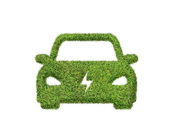 緑の草のテクスチャで電気自動車 充電器のバッテリー駆動車白の背景に隔離されました ストック画像