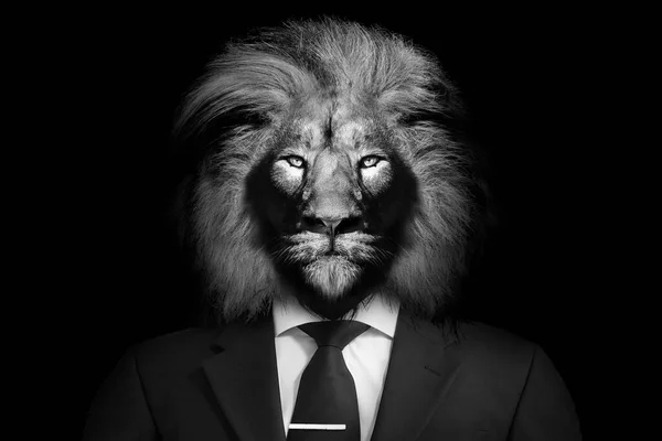 スーツとネクタイのライオンの形をした男ライオンの人動物の顔は黒の隔離された白い ロイヤリティフリーのストック写真