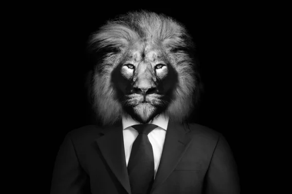 人的形像是狮子 头戴紧身衣 头戴领带 狮子的形像是狮子 头戴孤立的黑色脸 — 图库照片