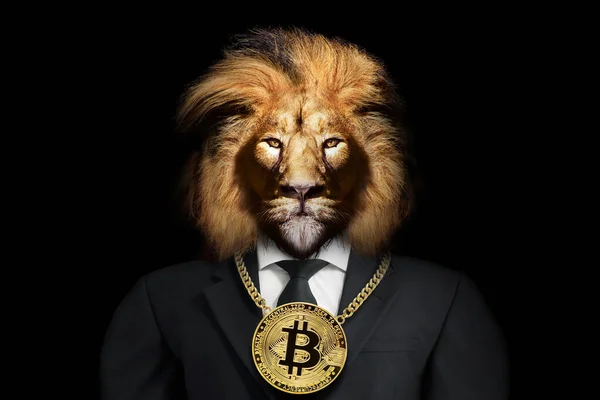 彼の首の周りに黄金のビットコインを持つライオン やる気ビジネス ストックフォト