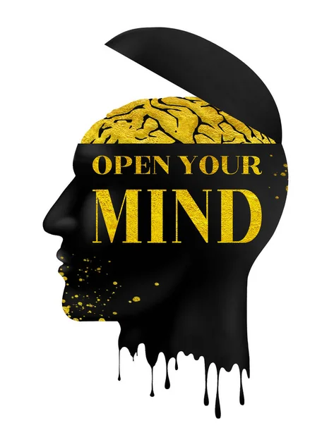 Open Your Mind Gold Think Concept Head Education Intelligence Illustraton — Stock Photo, Image