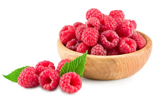 Ripe Raspberries Wooden Bowl Isolated White Background Clipping Path — Stock Photo, Image