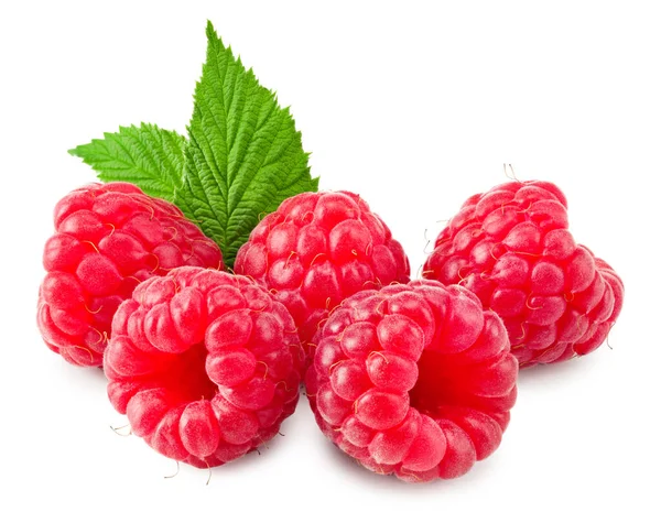 Ripe Raspberries Green Leaf Isolated White Background Clipping Path — Stock Photo, Image