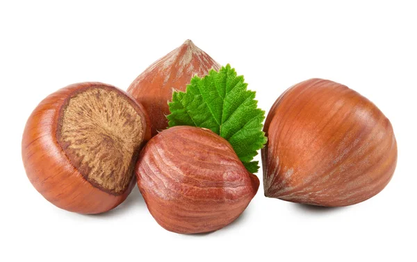 Hazelnut Dengan Daun Hijau Terisolasi Pada Latar Belakang Makro Putih — Stok Foto