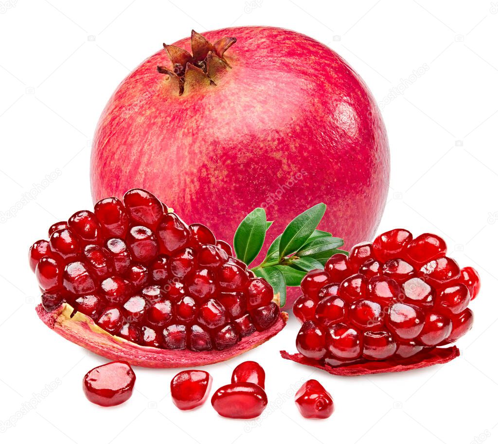 pomegranate fruit with seeds and green leaves isolated on white background. clipping path