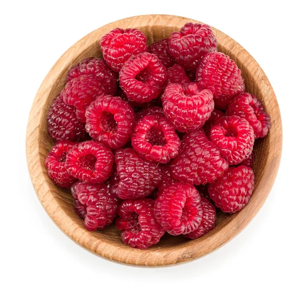 Ripe Raspberries Wooden Bowl Isolated White Background Clipping Path Top — Stock Photo, Image