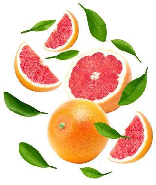 flying grapefruit with greew leaves  isolated on white background. clipping path