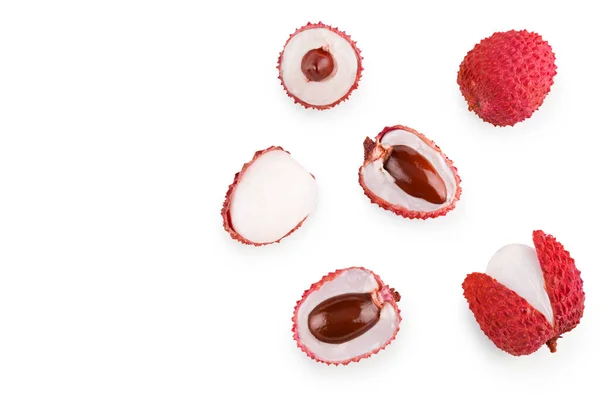 Fresh Lychee Slices Isolated White Background Clipping Path Top View — Zdjęcie stockowe