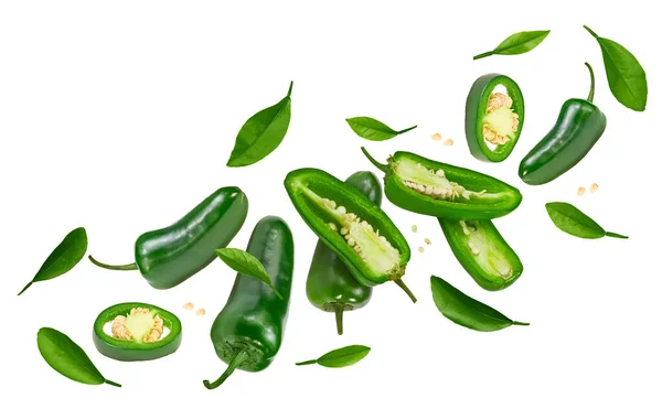 Flying Sliced Jalapeno Peppers Isolated White Background Green Chili Pepper — Stockfoto