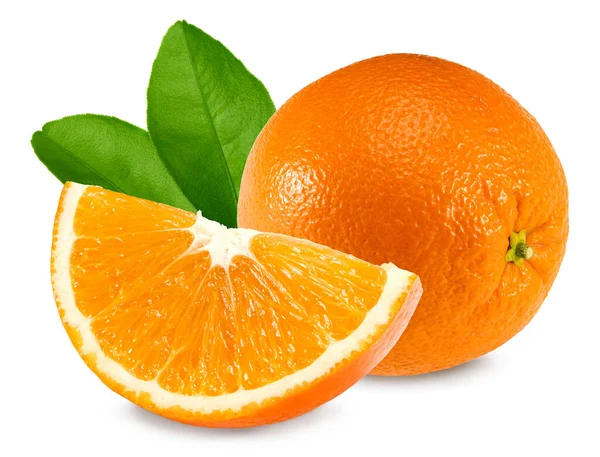 Orange Frukt Med Snitt Orange Och Gröna Blad Isolerad Vit — Stockfoto