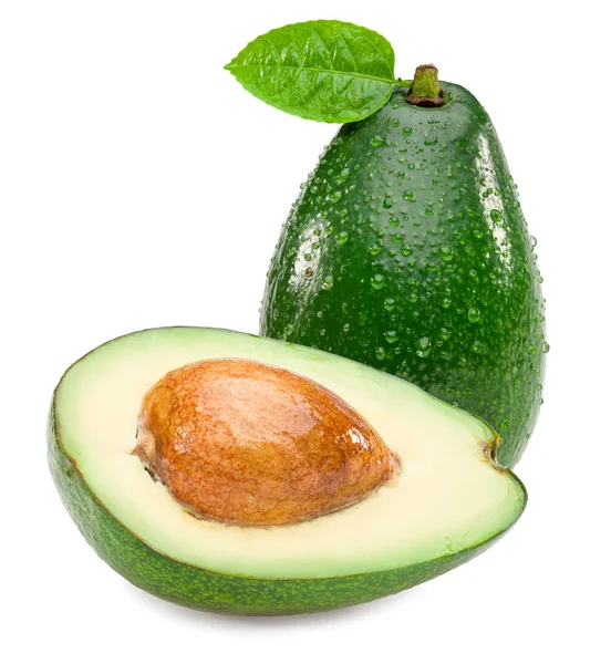 Avocado Proaspăt Feliat Frunze Verzi Izolate Fundal Alb Cale Tăiere — Fotografie, imagine de stoc