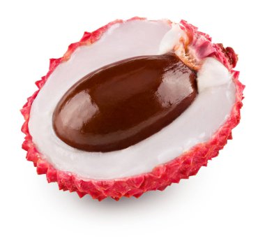 Taze lychee 'nin yarısı beyaz arka planda izole edilmiş. Makro. kırpma yolu
