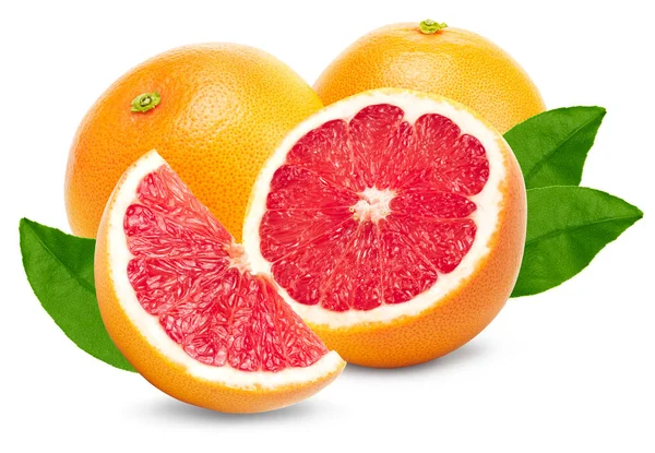 Grapefruits Cut Grapefruit Green Leaves Isolated White Background Clipping Path — Photo