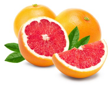 sliced grapefruits with green leaves  isolated on white background. clipping path