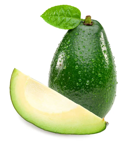 Sliced Fresh Avocado Green Leaf Isolated White Background Clipping Path — 스톡 사진