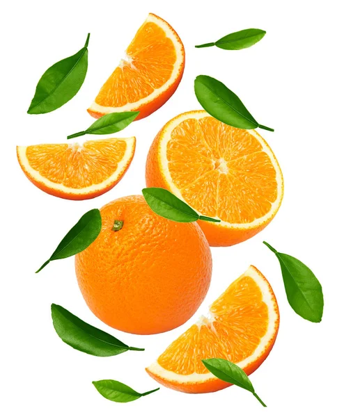 Flying Oranges Slices Green Leaves Isolated White Background Clipping Path — 图库照片