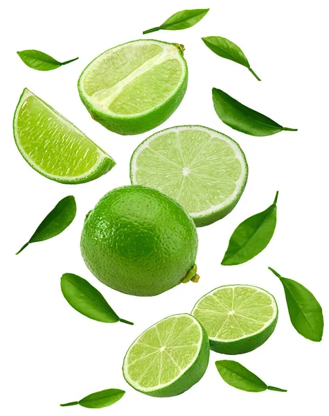 Flying Green Limes Green Leaves Isolated White Background Clipping Path — Stok fotoğraf