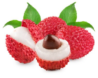 Fresh lychee with leaves isolated on white background. clipping path