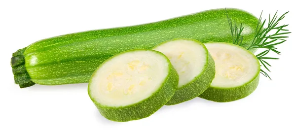 Zucchine Verdi Fresche Midollo Con Fette Isolate Fondo Bianco Percorso — Foto Stock