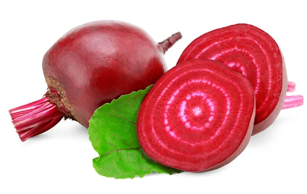 Rote Bete Mit Rote Bete Stücken Und Grünem Blatt Isoliert — Stockfoto