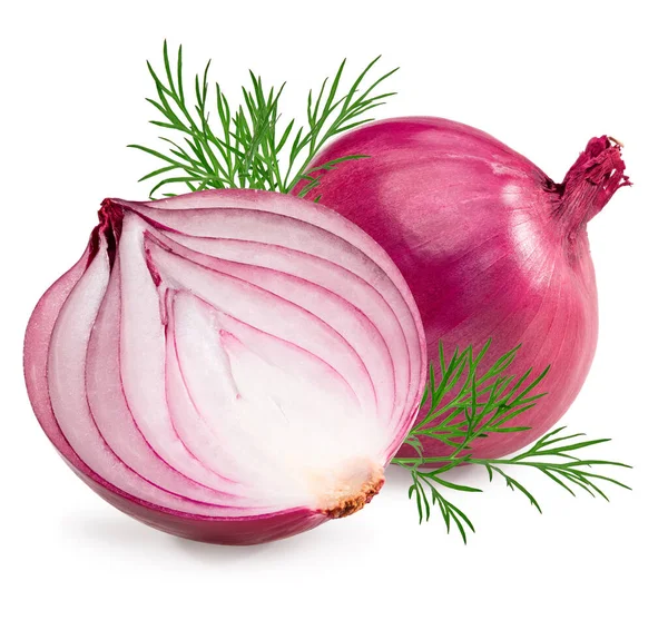 Red Sliced Onion Green Leaves Isolated White Background Clipping Path — Foto de Stock