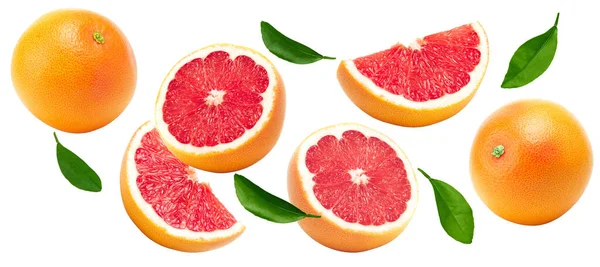 Flying Grapefruits Greew Leaves Isolated White Background Clipping Path — Stock Photo, Image